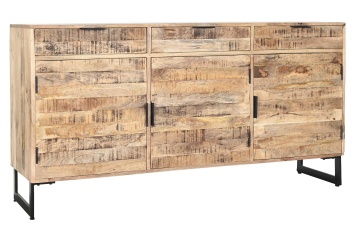 Bufet rustic în stil industrial, din lemn de mango și metal, natur și negru, cu 3 uși și 3 sertare, finisaj natural, 80 x 150 x 40 cm, „Baugé”