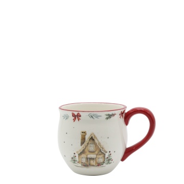 Cană din ceramică albă cu motive de Crăciun și mâner roșu, 9.5x10 cm, „Chalet de Noël"