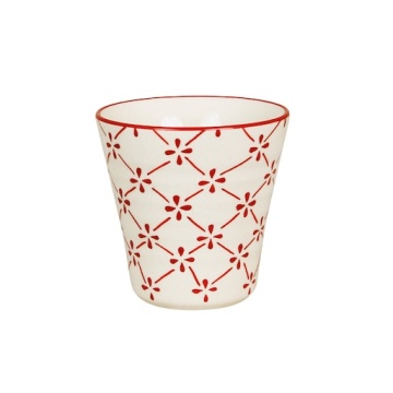 Cană din ceramică artizanală, natur, cu motive florale stilizate pictate manual roșu și bordură decorativă, fără mâner, 10×10 cm, „Marion Clover"