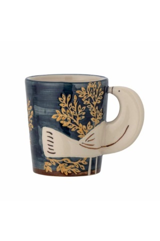 Cană din ceramică cu decor floral și pasăre pictată manual, mâner în formă de aripă, 8x9 cm, "Hezha"