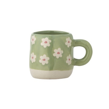 Cană mică din ceramică verde, pictată manual cu motiv floral, „Millie", 6 x 7 cm, 110 ml