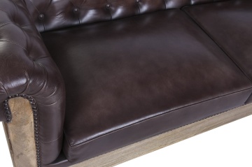 Canapea Chesterfield 2 locuri din piele naturală maro închis, cu cadru din lemn de mango și iută la vedere, pe roți, 80 x 190 x 77 cm, „Cassis” - Img 5