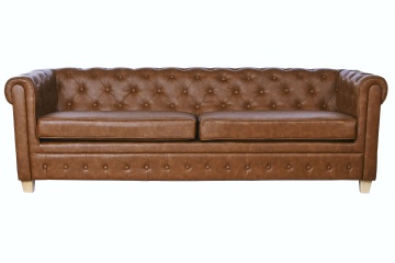 Canapea Chesterfield 3 locuri din piele ecologică maro, cu nasturi pe bază și picioare din lemn masiv, 70 x 218 x 78 cm, „Provence”