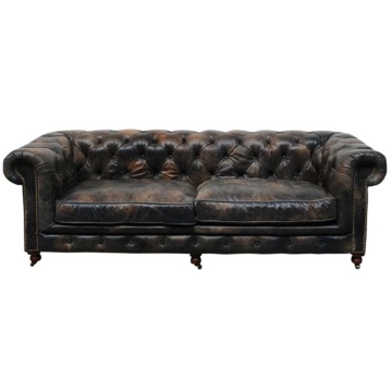 Canapea Chesterfield 3 locuri din piele naturală maro închis, cu perne de șezut detașabile și picioare pe roți, 78 x 242 x 96 cm, „St James”