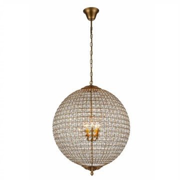 Candelabru sferic din metal, auriu, cu cristale octogonale din sticlă și 5 becuri, 80 x 63 cm, „Palazzo”
