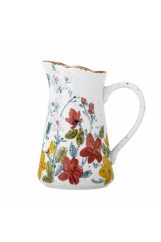 Carafa din ceramică artizanală albă cu motive florale roșii și galbene pictate manual și margine aurie, 13×22,5 cm, "Savina"