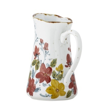 Carafa din ceramică artizanală albă cu motive florale roșii și galbene pictate manual și margine aurie, 13×22,5 cm, "Savina" - Img 4