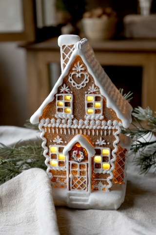 Căsuță de turtă dulce din rășină, pictată manual, cu LED, „Noël Biscuit House” - Img 2
