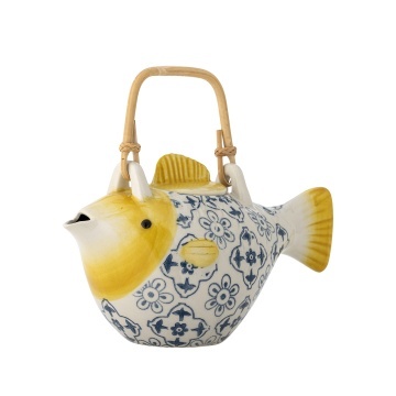 Ceainic din ceramică albă în formă de pește cu model floral albastru decorat manual, 800 ml, 24×13,5×13 cm, „Wrenna"