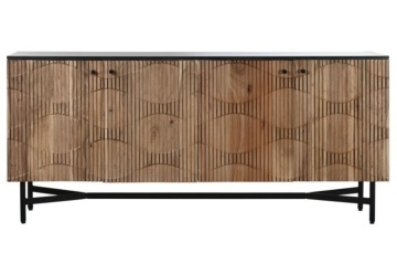 Comodă cu 4 uși, din lemn de acacia, natur, cu blat de marmură neagră, riflaj sculptat și bază metalică, 76 x 170 x 40 cm, „Valmont”