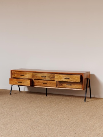 Comodă cu sertare, lungă, din lemn de mango și metal, natur, cu 6 sertare, picioare metalice și mânere negre, 60 x 188 x 48 cm, „Chapman” - Img 4