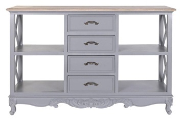 Comodă cu sertare shabby chic din lemn de paulownia, gri și natur, cu 4 sertare, 4 rafturi deschise și decor sculptat, 84,5 x 132 x 40 cm, „Auria”