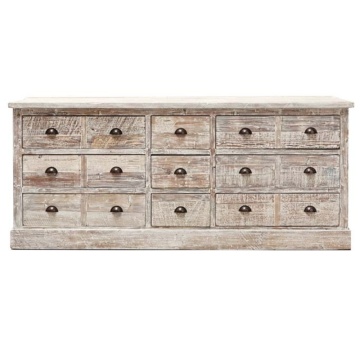 Comodă cu sertare vintage din lemn de pin, gri, cu 15 sertare și mânere scoică din metal, aspect rustic, 85 x 200 x 50 cm, „Uzès”