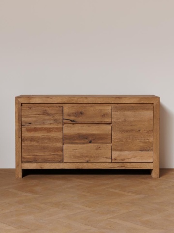 Comodă cu uși și sertare, rustică, din lemn de stejar, natur, cu 3 sertare, 2 uși, 2 rafturi și ramă lată, 90 x 160 x 48 cm, „Newhill” - Img 2