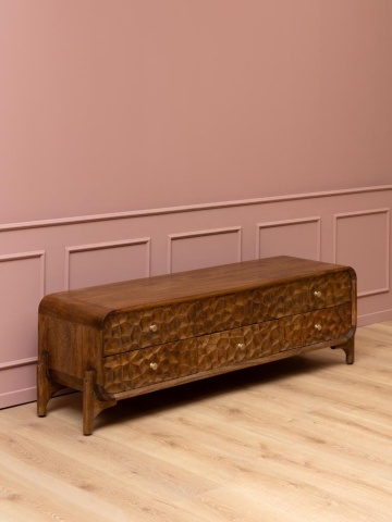 Comodă TV din lemn de mango cu 1 ușă și 3 sertare , natur, cu decor sculptat în relief și mânere din alamă, 150x32,5x160,5 cm, „Atlas" - Img 7