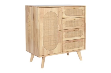 Comodă TV înaltă din lemn de hevea, natur, cu 1 ușă, 4 sertare, 1 raft și inserții din ratan împletit, 78 x 73,5 x 35 cm, „Rustic Charm” - Img 9