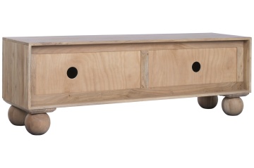 Comodă TV living din lemn de acacia, natur, cu 3 uși, decor alb și picioare sferice, 50 x 145 x 40 cm, „Alvera” - Img 3