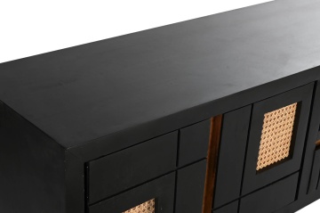 Comodă TV living din lemn de mango, negru, cu 2 uși, 2 sertare, nișă deschisă și inserții din ratan împletit, 60 x 145,5 x 40,5 cm, „Cheverny” - Img 3