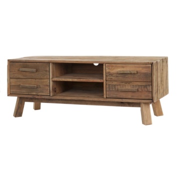 Comodă TV living din lemn reciclat, natur, cu 4 sertare, nișă deschisă cu raft și picioare oblice, 48 x 130 x 40 cm, „Rustin”