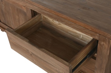 Comodă TV lungă din lemn de tec reciclat, natur, cu 2 uși glisante, 4 sertare și raft central, 60 x 250 x 45 cm, „Varindra” - Img 8