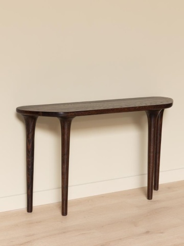 Consolă din lemn de stejar, cu blat semioval și picioare conice, maro antichizat, finisaj satinat, 132×27×75 cm, „Calvin" - Img 2