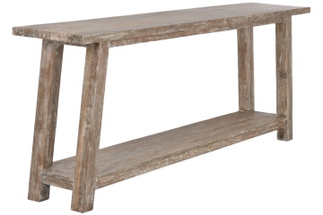 Consolă hol în stil etnic, din lemn de tec reciclat, natur, cu raft jos și picioare înclinate, finisaj patinat, 90 x 240 x 46 cm, „Granville” - Img 2