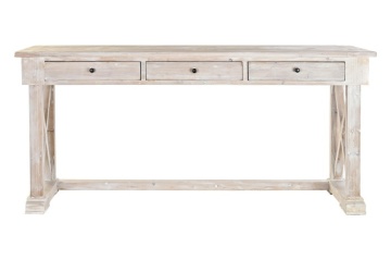 Consolă hol în stil farmhouse, din lemn de pin reciclat, natur, cu 3 sertare, blat cu romb central și traverse în X, 86 x 184,5 x 48 cm, „Pinora”