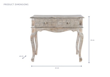 Consolă hol sculptată din lemn de mango, natur, cu 2 sertare, ornamente în patru lobi și picioare cabriole, finisaj décapé, 81 x 91 x 42 cm, „Flyn” - Img 6