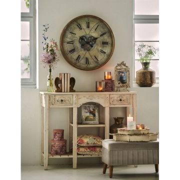 Consolă hol vintage din lemn, alb, cu blat natur, 2 sertare, 2 rafturi și ornamente cu scoici, 95 x 125 x 40 cm, „Chantrelle” - Img 4