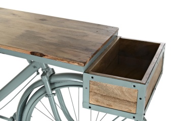 Consolă vintage tip bar din metal verde salvie antichizat și lemn de mango, „Bycicle" - Img 3