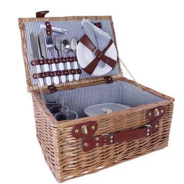 Coș de picnic mare din răchită împletită cu căptușeală în dungi albastre, pentru 4 persoane, „Vendela Large Blue"