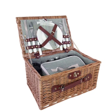 Coș de picnic mic din răchită împletită cu căptușeală în dungi verzi, pentru 4 persoane, „Vendela Small Green"