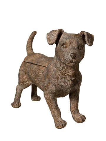 Cutie decorativă din rășină maro în formă de cățel, capac detașabil, finisaj antichizat, 28,5 x 36,5 x 13 cm, „Filou”