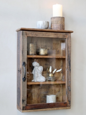 Dulap de perete din lemn reciclat, cu rafturi și ușă din sticlă, aspect vintage, Grimaud - Img 5