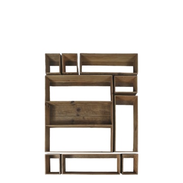 Etajeră de perete din lemn de pin, modulară, natur, set de 9 piese, cu cadre deschise, aspect rustic, 120 x 87 x 11,5 cm, „Sarlat”