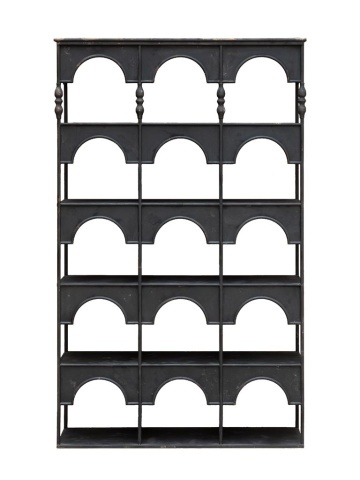 Etajeră din metal, cu 5 rafturi și arcade decorative, negru, finisaj vintage, 120×34.5×194 cm, „Alhambra"