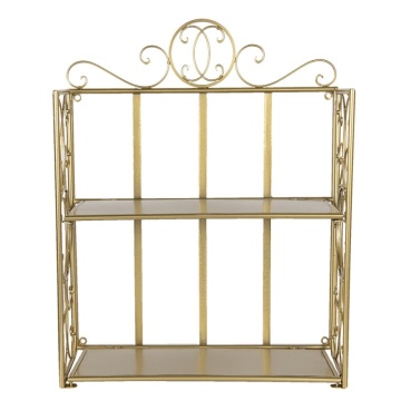 Etajeră metalică de exterior, auriu, cu 2 rafturi și laturi cu volute, 53 x 41 x 18 cm, „Rosavelle”