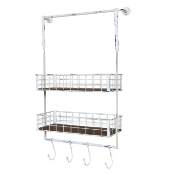 Etajeră vintage de perete din metal, cu 4 agățători, finisaj crem antichizat