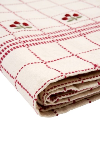 Față de masă din bumbac brodată manual cu model în carouri și flori, 120×220 cm, „Bloom" - Img 3
