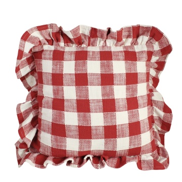 Față de pernă din bumbac organic, rosu și alb, model în carouri cu volănaș decorativ, 45 × 45 cm, „Ida Stripe"