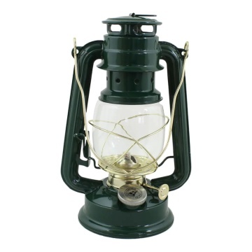 Felinar vintage verde cu petrol, din metal și sticlă, cu detalii aurii, capac de siguranță și fitil inclus, „Hurricane Lantern Green Small"
