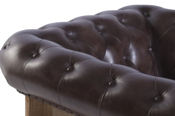 Fotoliu Chesterfield din piele naturală maro închis, capitonat, cu laterale din lemn de mango și iută, picioare pe roți, 84×77×79 cm, „Cassis” - Img 8