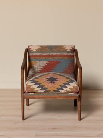 Fotoliu de relaxare în stil etnic, multicolor, din kilim de iută și lână, cu brațe curbate și cadru din lemn de mango, 68×75×83 cm, „Ayaco” - Img 2