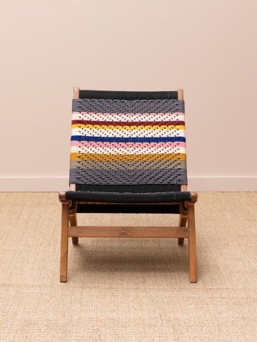 Fotoliu de relaxare în stil etnic, multicolor, din textil împletit în dungi galbene și albastre, cu cadru din lemn de tec, 60×80×81 cm, „Aguayo” - Img 4