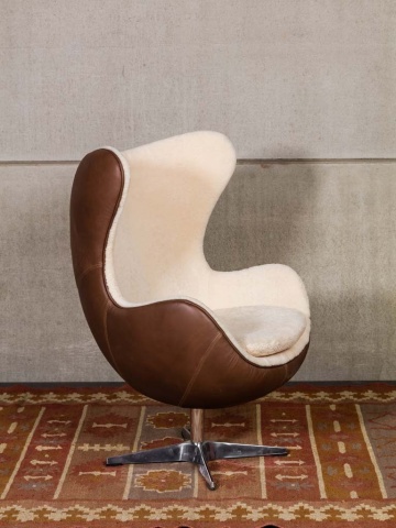 Fotoliu Egg rotativ din piele naturală full grain și lână, maro și crem, design iconic, 86,5×76,5×116 cm, „Tenzing" - Img 5