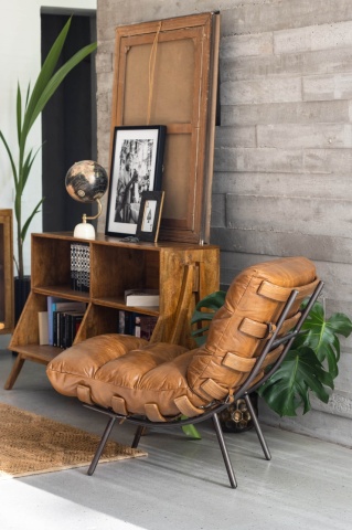 Fotoliu lounge din piele naturală top grain cognac cu structură din stejar și metal, „Spinal” - Img 2