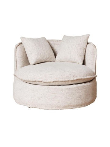 Fotoliu rotativ rotund, alb, din stofă bouclé, cu două perne decorative și pernă groasă de șezut, diametru 98 cm, înălțime 74 cm, „Meridian”