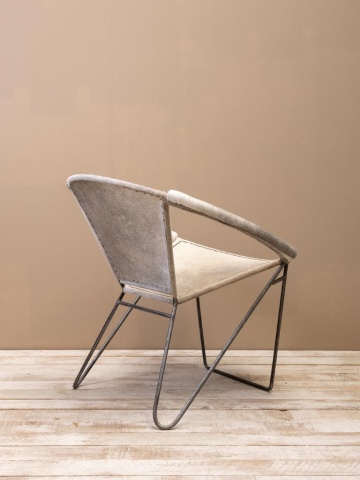 Fotoliu rotund mid-century, gri, din piele naturală de vacă cu păr, cusătură în zigzag, cadru din metal, diametru 78 cm, înălțime 73 cm, „Arceau” - Img 7