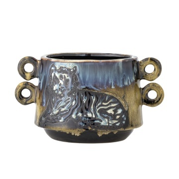Ghiveci decorativ din ceramică, multicolor, model tigru în relief, cu mânere, glazură reactivă albastru și auriu, 15 x 18 cm, „Walton” - Img 4