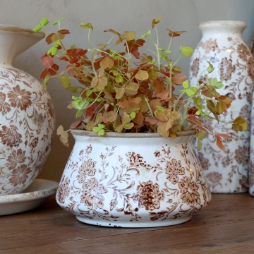 Ghiveci decorativ tronconic alb din ceramică pictată manual, cu motiv floral natur, 14,5x9 cm, „Grenoble" - Img 2